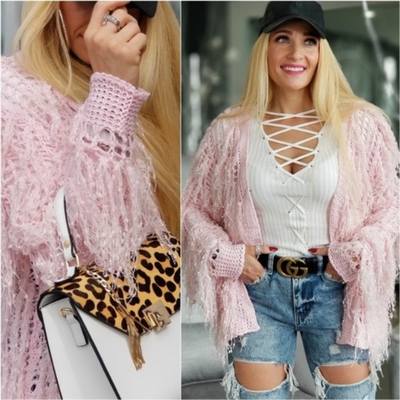 Womens Pink Fringe Knit Open Fronte Cardigan Fall Trendy Fun Shabby Chic - Picture 3 of 4